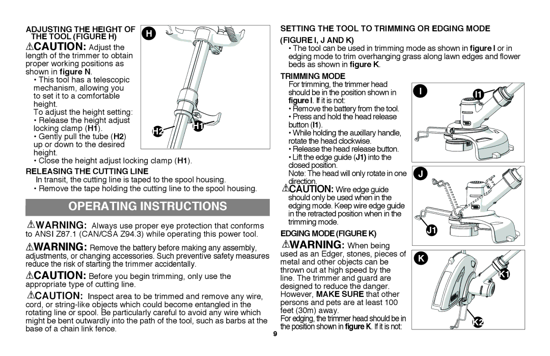 Black & Decker LST136 Operating Instructions, Adjusting the height Tool figure H, Releasing the cutting line 